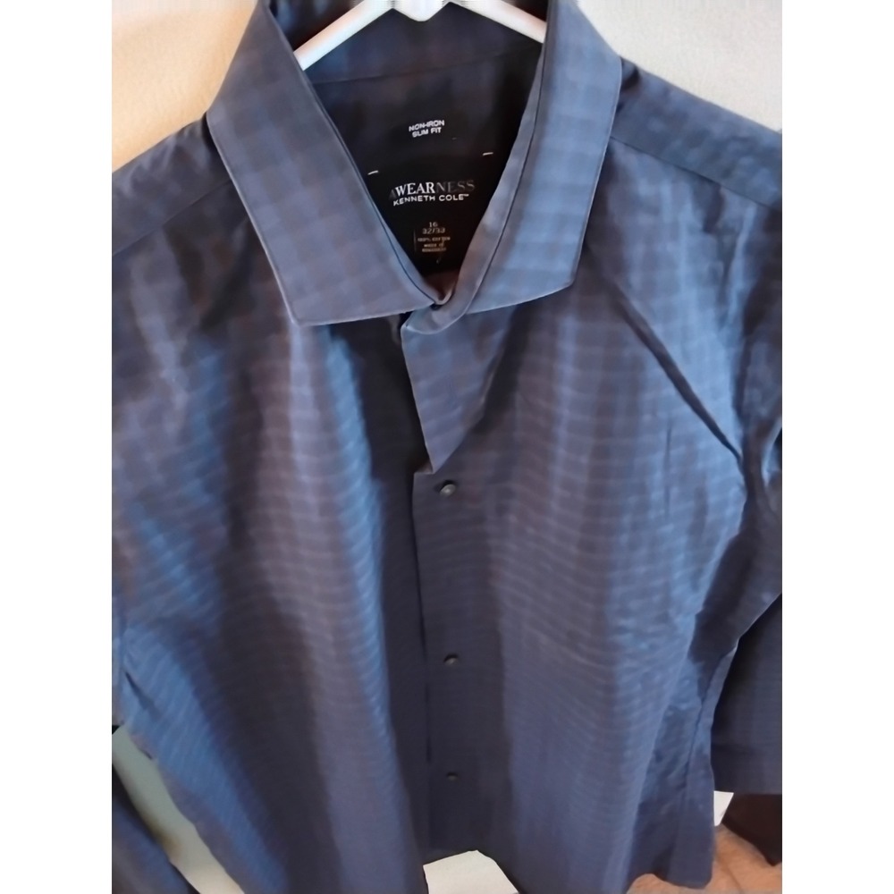 Awearness Kenneth Cole Mens Dress Shirt 16 32/33 Blue Non-Iron Slim Fit Cotton - Picture 3 of 4